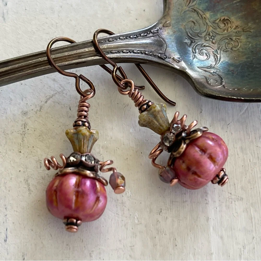 Hand Crafted “Pretty in Pink Pumpkin” Dangle Earrings - Picture 7 of 11